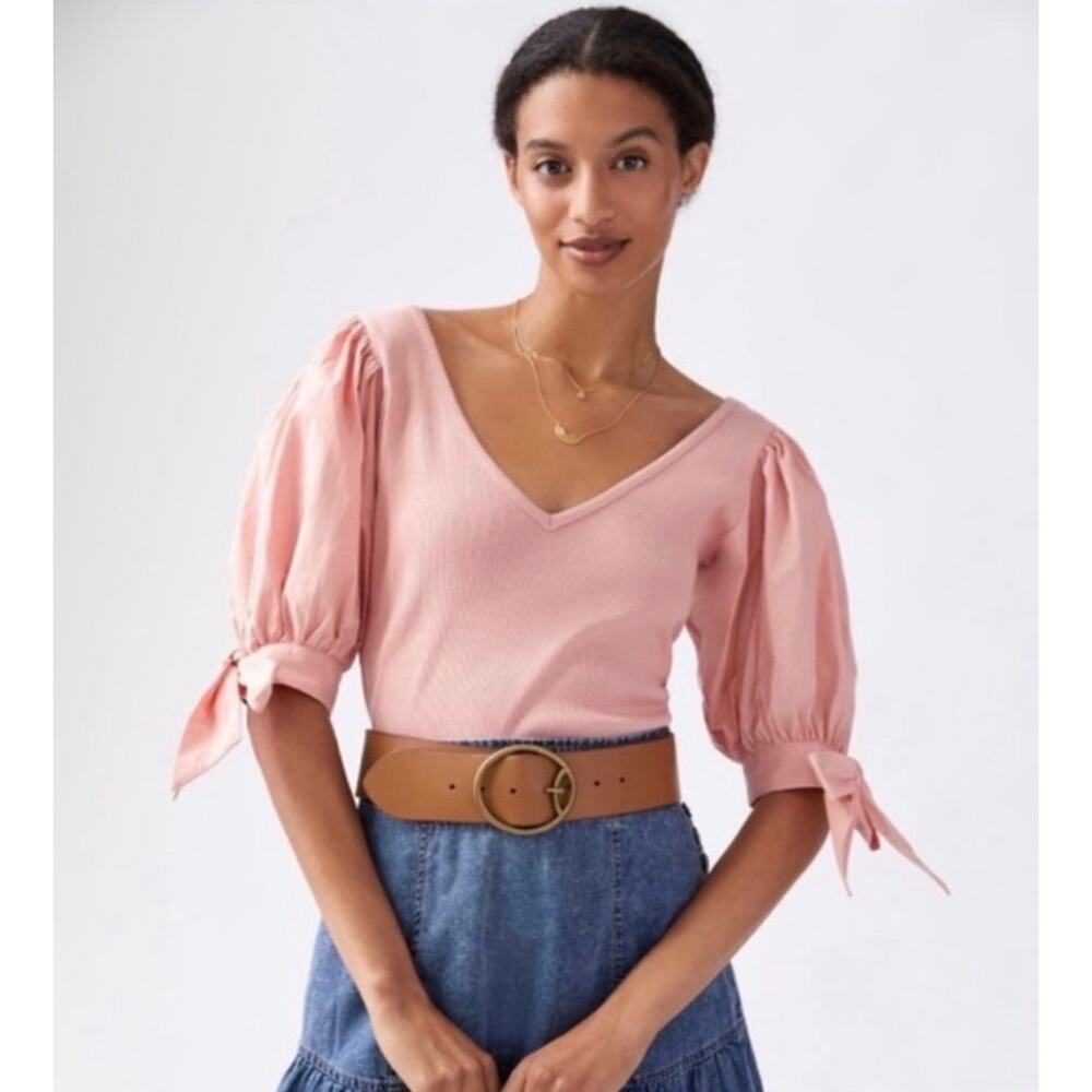 Anthropologie Maeve Ribbed V Neck Puff Sleeve Blouse Pink Medium
